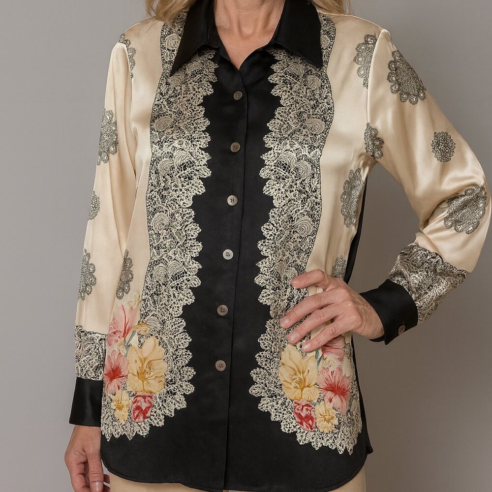 Two Two Silk Blouse SZ Medium Artsy Country‎ Club Quiet Luxury Country Club